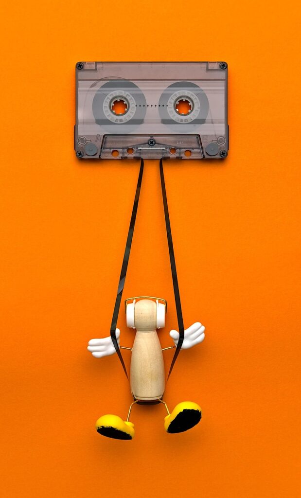 cassette, tape, retro, nostalgic, wooden man, music, audio, compact cassette, sound recording, headphones, greeting card, still life